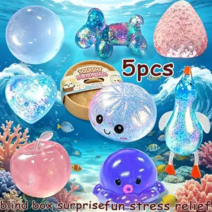 5-Piece Stress Relief Toy Set, Transparent Soft Shell Ocean Octopus Duck Candy Stress Ball, Kawaii Healing Heart Strawberry Squeeze Toy, Random Colors, Dumpling Stress Balls