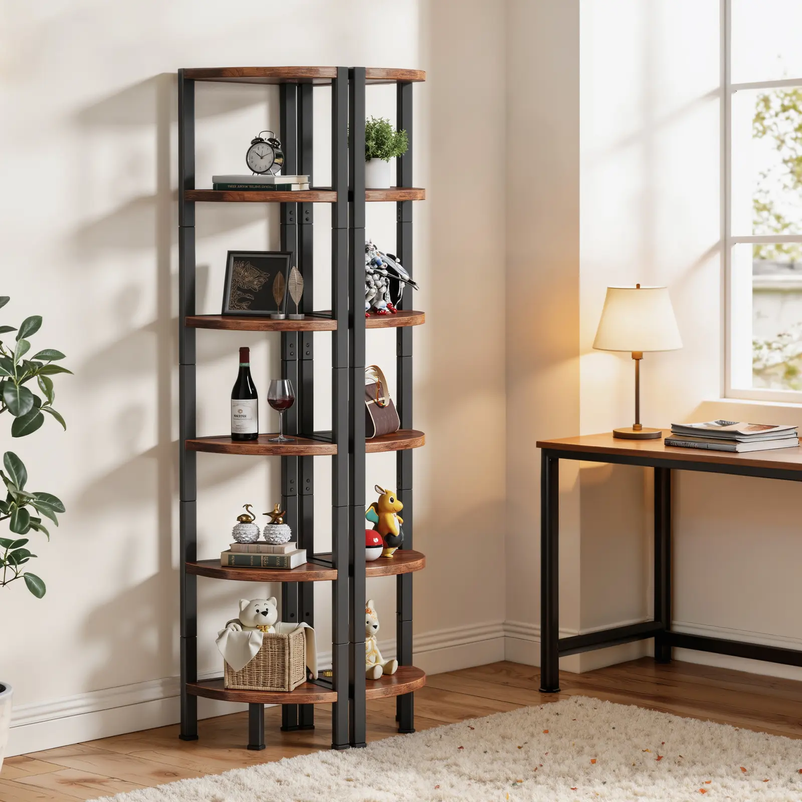 Flycity 6-layer 67.7"semi-circular wall-mounted corner shelf with light strips, corner bookshelf with LED lights, Corner Ladder Shelves with Metal Frame, Multipurpose Tall Corner Bookshelf Bedroom, Living Room, Office, Kitchen, Rustic Brown