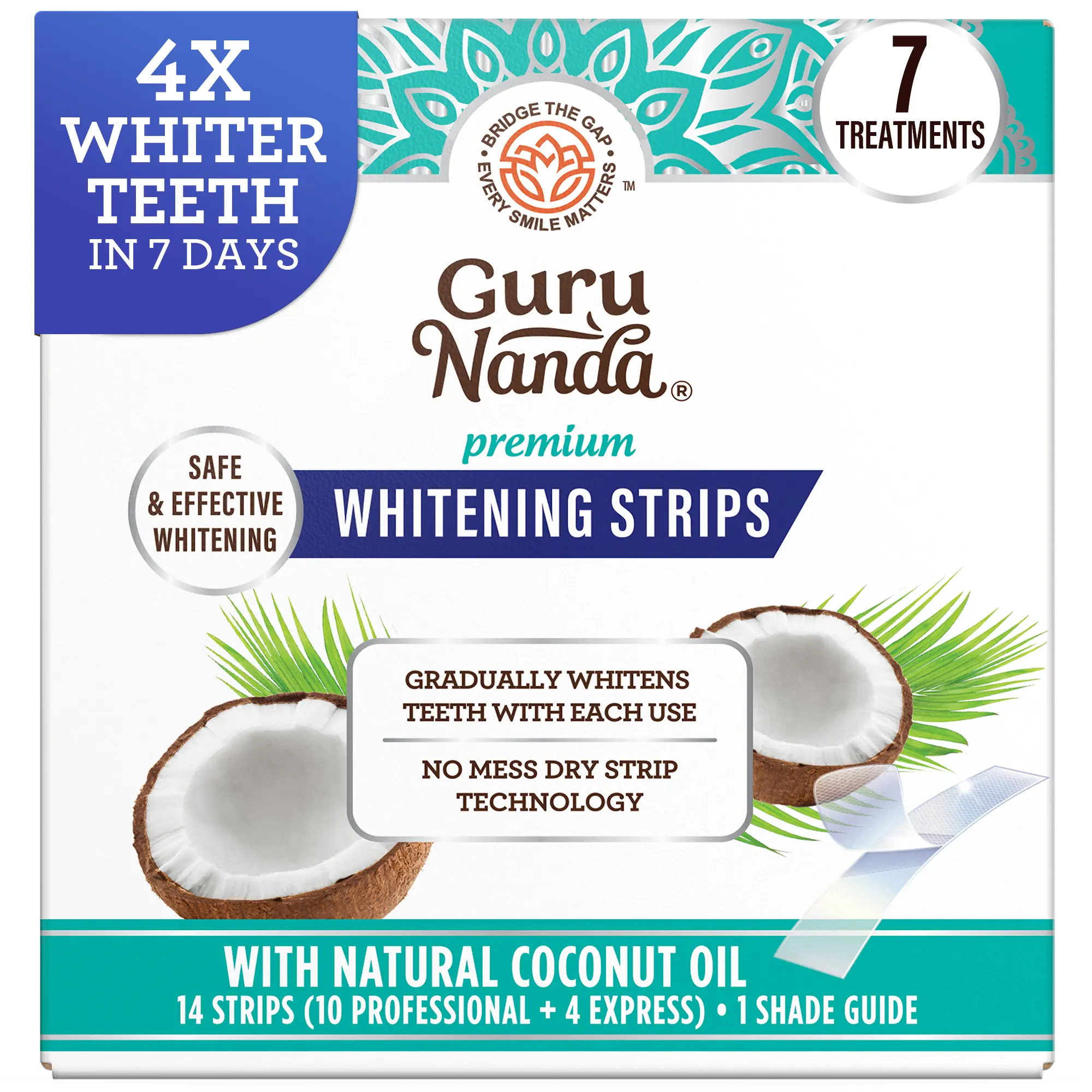 GuruNanda Whitening Strips, 7-day treatment (7 Packets - 2 Strips per pack) - Non-Slip, Dry Strip Technology
