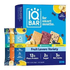 IQBAR Fruit Lovers Variety (12 Bars) - Brain and Body Plant Protein Bars - Low Carb, High Fiber, Gluten Free, Vegan Snacks - Low Sugar Keto Bar Pack