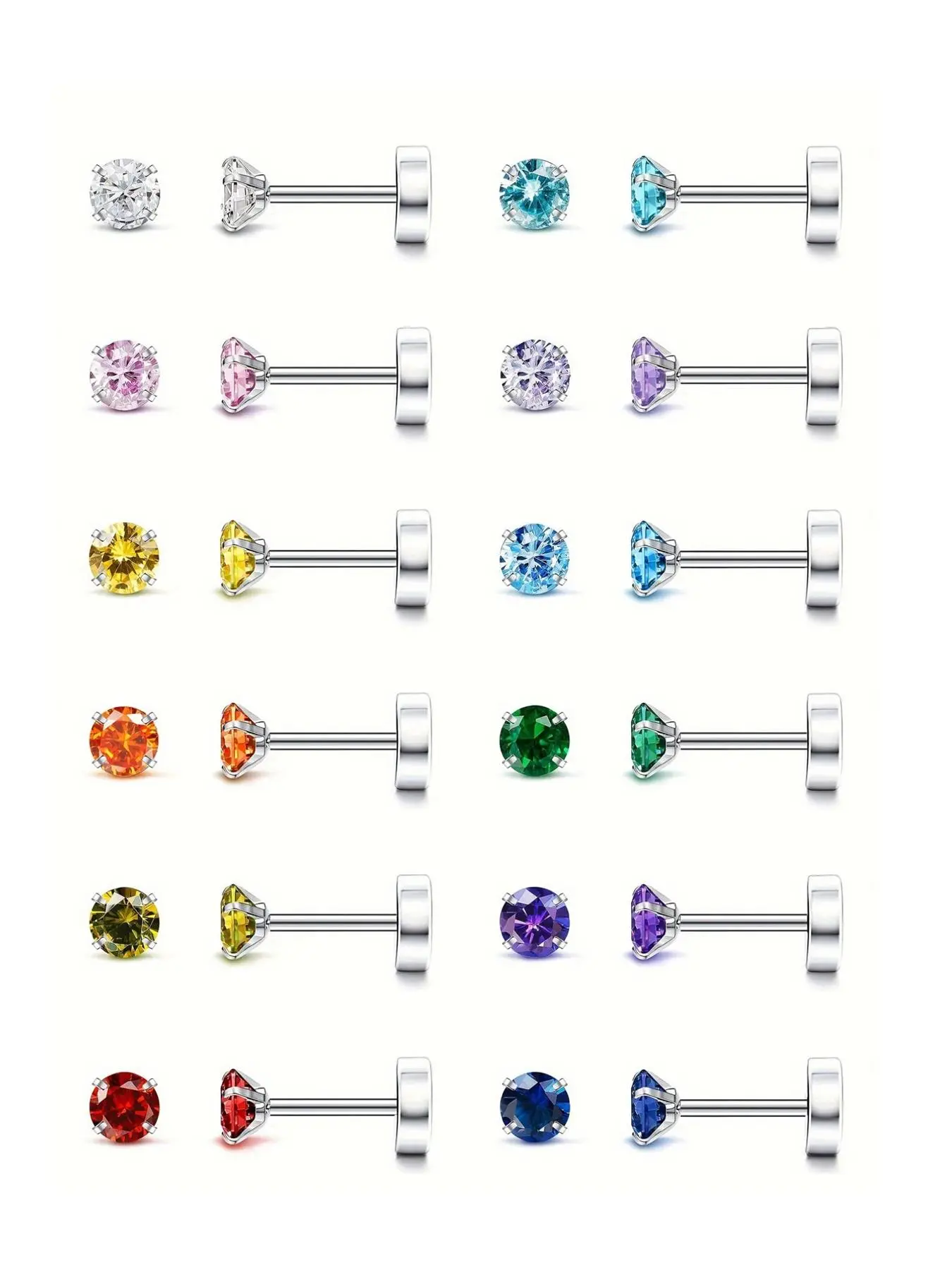 Colorful Cubic Zirconia Stud Earrings, Stainless Steel Stud Earrings for Women & Girls, Birthstone Flat Back Stud Earrings, Fashion Accessories for Daily Wear, Hypoallergenic Post & Cz Earrings, Fashionable Earrings, Studs Earrings
