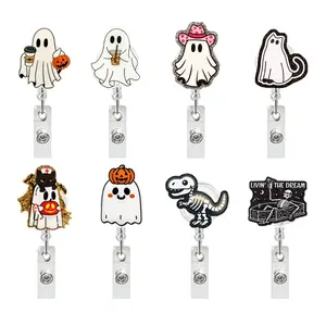 Halloween Ghost Badge Reel Retractable Holder with Alligator Clip Horror Spooky Name Tag for Nurse Doctor Office Gift Durable ABS Acrylic Nylon