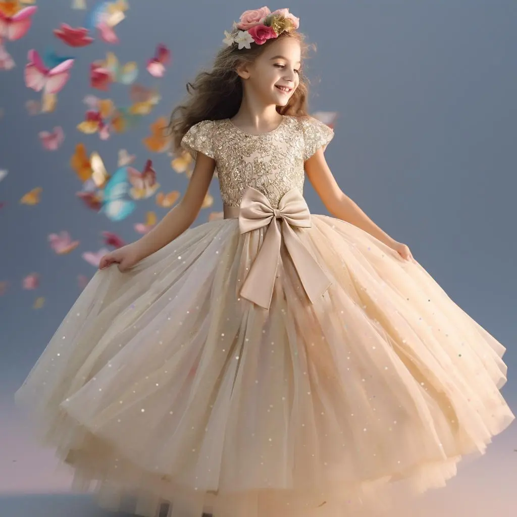 (New)Girls Princess Dress for Wedding Party Bridesmaid Dress Embroidery Mesh Bow Long Dresses 4-10Yrs Children Birthday Banquet Evening Gowns