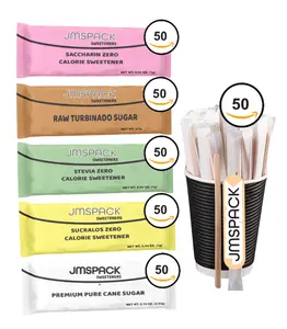 JMSPACK Sugar & Sweetener Packets Box, Premium pure sugar and Turbinado cane sugar, Stevia Leaf Extract, Pink sweetener saccharin, Yellow sweetener sucralose (50 packets each), and 50 Pcs Paper Wrapped Wood Coffee Stirrers for a total of 300 pieces.