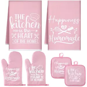 Sratte 6 Pcs Kitchen Decor Accessories Set Farmhouse Towels Pot Holders Oven Mitts Set 2 Dish Towels 2 Potholders 2 Cooking Mittens Oven Glove for Christmas Baking Cooking Supply(Pink,Kitchen)