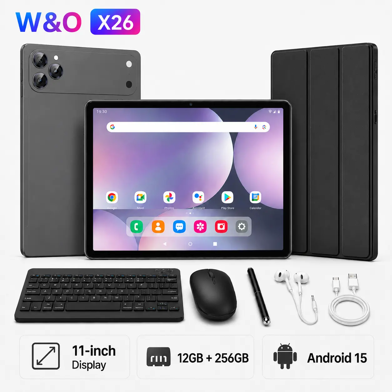 W&O X26 Android 15 Tablet, 11" Display, 12GB RAM + 256GB Storage, 10000mAh Battery, GPS, Tablet with Keyboard, Mouse, Stylus, Earphones & Case, Ideal for School, Work, Streaming & Travel