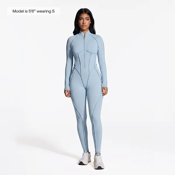 BetterMe Women's Sky Blue Long Sleeve Zip-Front Open-Back Catsuit, Full-Length Compression Bodysuit Jumpsuit, Breathable Spandex Athletic Training Apparel for Workout Yoga Gym,  Womenswear
