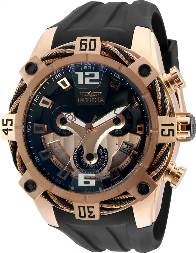 RARE Discontinued Invicta Bolt Men's Chronograph Watch 51mm Swiss Ronda Quartz Movement Rose Gold Stainless Steel Case Black Dial Cable Bezel Skeletonized Hands Black Polyurethane Strap 100m Water Resistant Collector Vault Piece