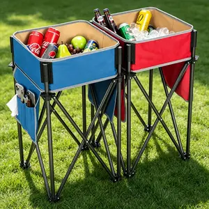 2-Pack Foldable Outdoor Camping Cooler Table Set, Waterproof Leakproof Beverage Cooler Tables with Side Storage & Cup Holders, Portable Folding Tables for Camping Beach Picnic Tailgating