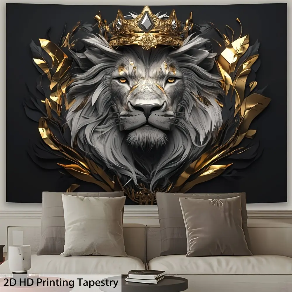 1 piece of polyester tapestry with lion coronation pattern - home decoration wall art, Tapestry Wall Hanging, Decoration items, black and gold color matching, creative gift selection, lion themed wall decoration