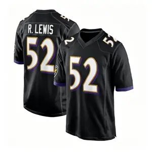 Mens 52 Football Jersey, Black V-Neck Short Sleeve Top with R. Lewis Name Print, Breathable Sportswear for Training, Game Day & Streetwear