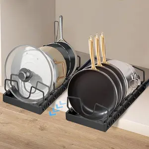 Pull Out Pots and Pans Organizer Cabinet, Pot Lid Organizers, Slide Out Rack with 8 Dividers, Pull Out Shelves for Dishware Seasoning, (Black, 2 Pack)