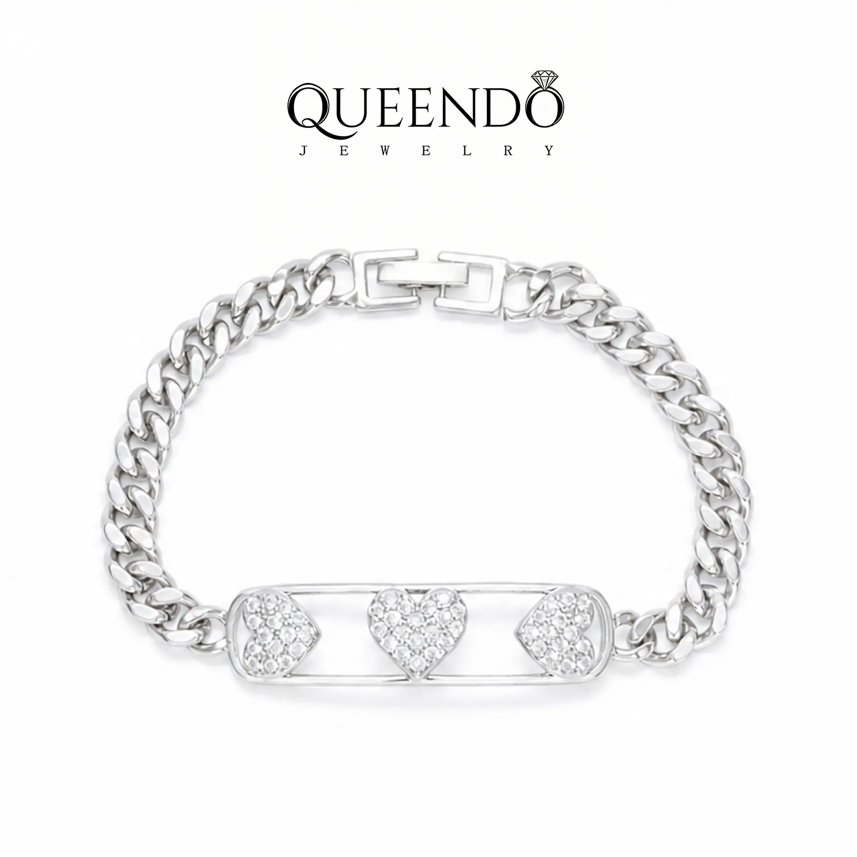 Unisex Silver Cuban Chain Bracelet - 3 Paved Hearts, Adjustable Links, Lightweight Polished, Matching Couple Bracelets, Romantic Street Style for Everyday Wear & Party, Unisex Fit