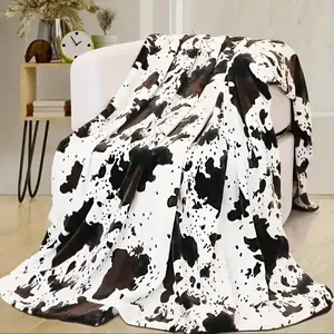 Floral Cow Pattern Flannel Throw Blanket, Cute Cow Print Queen Size Bedding, Sofa Bedroom Decor, Knitted Fabric