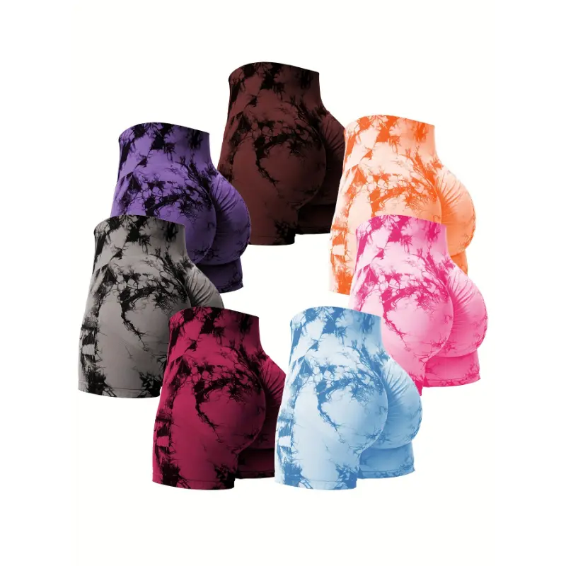7pcs Women's High Waist Tie-Dye Yoga Shorts - Scrunch Butt Lift, Seamless Booty Biker Shorts for Gym & Workout, Vibrant Marble Pattern Activewear in Purple, Black, Gray, Orange, Pink, Blue, Fitness Clothing |   Highwaist Shorts |   Spandex Flex
