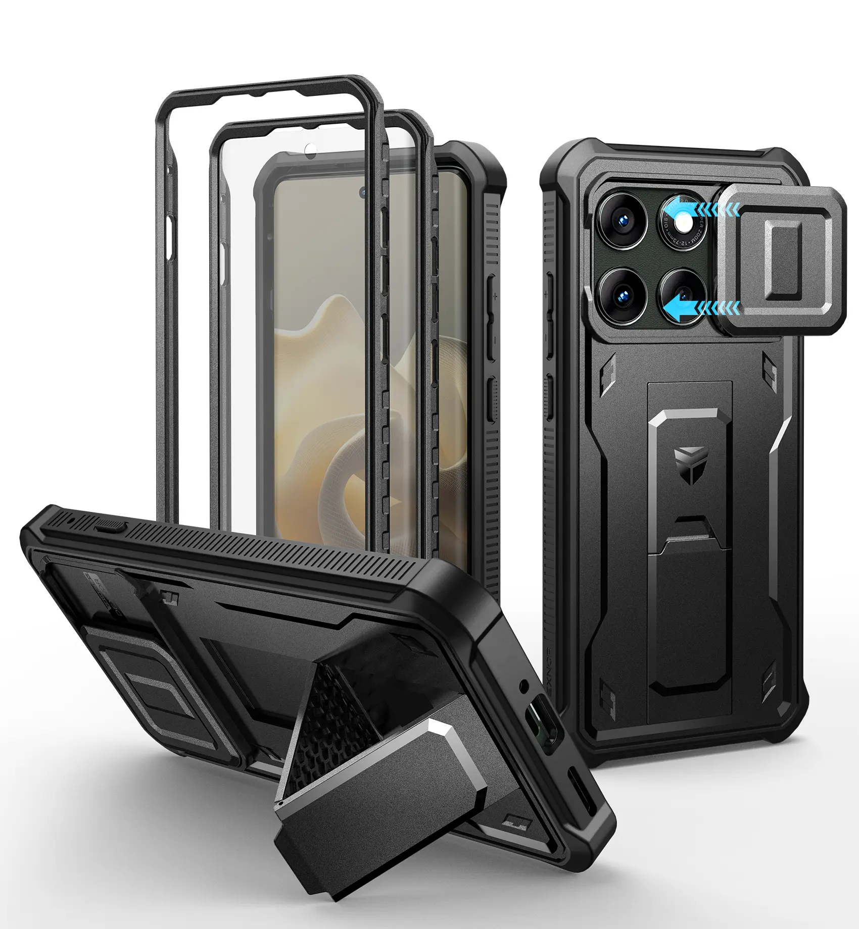 Dexnor Heavy-Duty Shockproof Rubber Case for Motorola Moto Edge 2025 6.7in Smartphone - 2 Front Frames, Built-in Magnetic Slide Camera Cover, Kickstand, Handheld Cellphone Screen Protector, Landscape View Support, Foldable