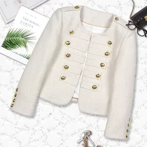 DUSHE Women's Coarse Tweed Fitted Long-Sleeve Double-Breasted Cardigan Jacket - Casual Cropped Crew Neck Outerwear with Shoulder Patch, Retro Plain Button-Up Top for Socialite Temperament (German Official Style)