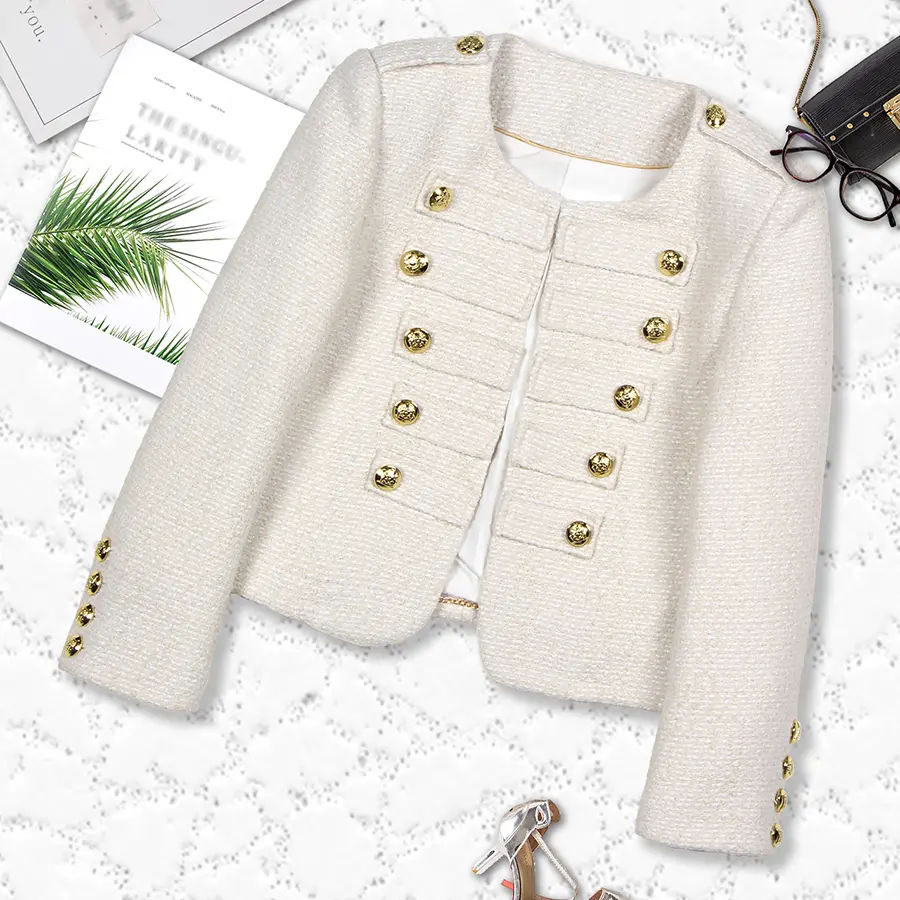 DUSHE Women's Tweed Woven Cropped Jacket, Double-Breasted Style with a Fitted Cut, Long Sleeves and Hook & Bar Closure