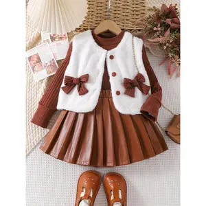 Girls' 3-Piece Cotton Clothes Set - Long Sleeve Bow Collar Jumper Top, Cute Smock Dress, Fluffy Vest, Pleated Skirt, Machine Washable Winter Playwear (Brown/White)