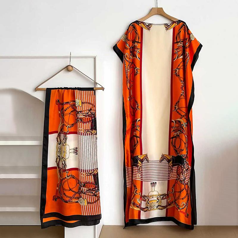 Women's Long Shawl Set Floral Print Robe Set with Shawl Collar Dress, Long Scarf Headband