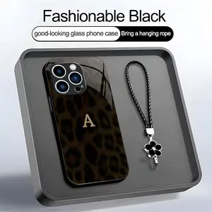 Luxury Leopard Print Phone Case with Lanyard Gold Initial Letter A-Z Cover for iPhone 14 Pro --975