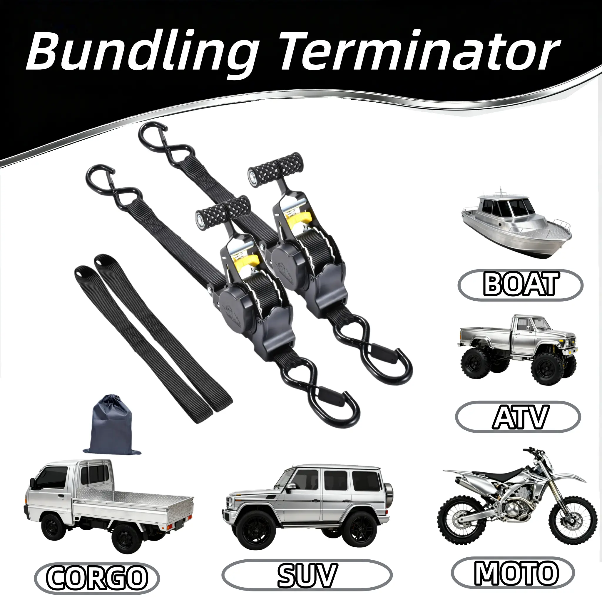 Heavy-Duty Retractable Ratchet Tie-Downs with Corrosion-Resistant Hooks for Motorcycles and Trailers, Ideal for Landscaping and All-Season Use, Camping, Straps