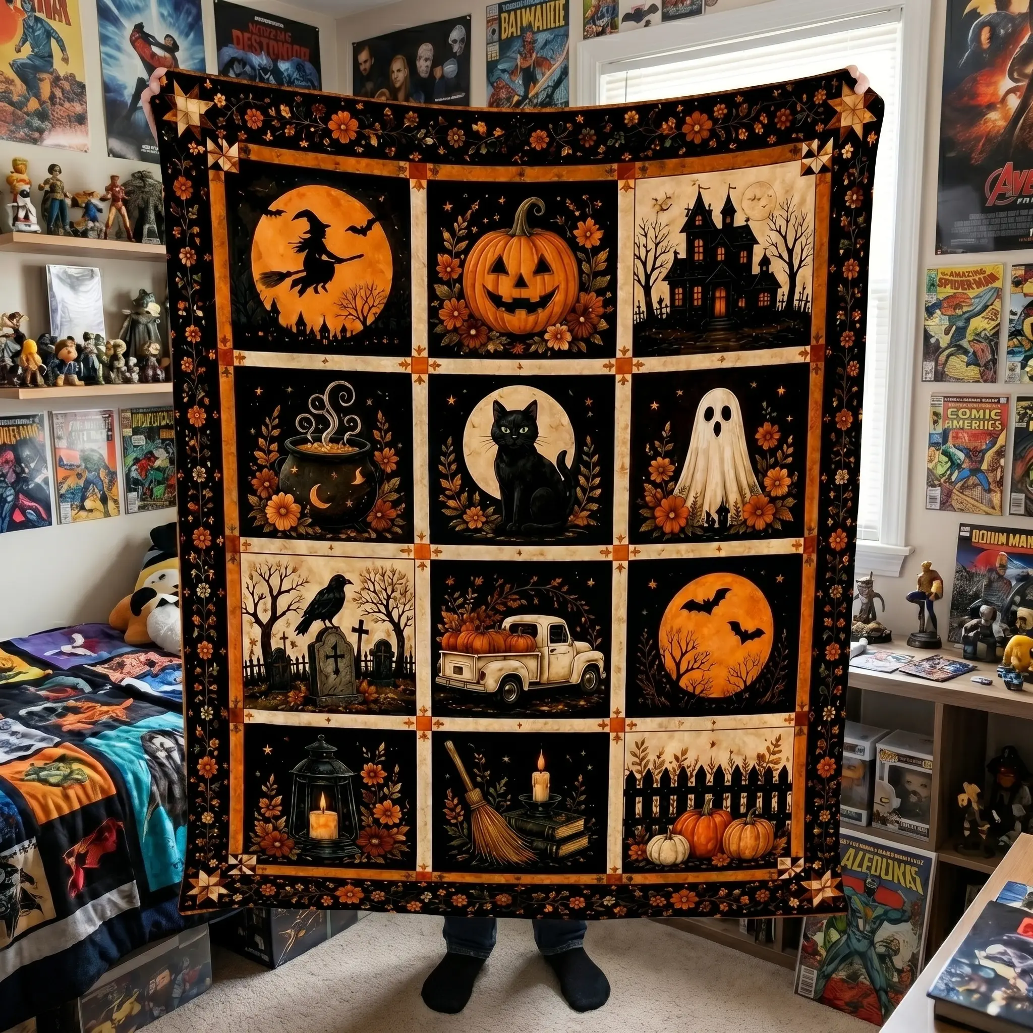 Vintage Halloween Patchwork Flannel Blanket Spooky Fall Decor Throw Retro Pumpkins Ghosts Cozy Ultimate Blanket
