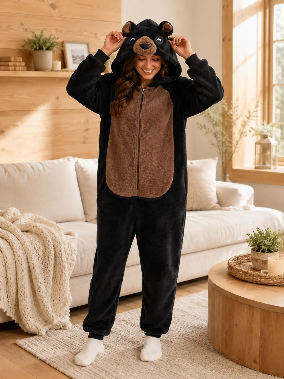 Adult Black Bear Soft Fleece Onesie, Hooded Long Sleeve 1-Piece Jumpsuit, Animal Cosplay Sleepwear, M, Cute Look, All Seasons, Cozy And Cute Onesies, Women, Pajamas, Cosplay Suit, Style, Casual