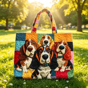 Women's Quilted Basset Hound Tote Bag, Large Capacity Colorful Patchwork Shoulder Handbag, Stylish Casual Everyday Travel Carryall, Lightweight Commuter Tote, Cute Animal Lover Gift
