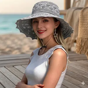 Handmade Breathable Crochet Sun Hat with Wide Ruffled Brim - Luxury Lace Embroidery Summer Hat - UPF 50+ Sun Shade Cap for Women - Lightweight Foldable Cotton Straw Hat for Gardening, Beach & Cruise