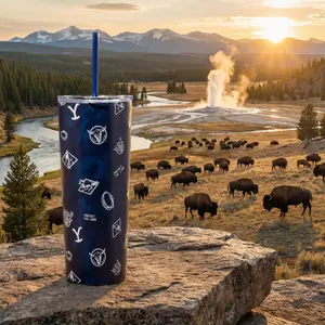 Dragon Glassware x Yellowstone Vacuum Insulated Tumbler with Lid and Straw - 20 oz Tumbler Cup with 2 Straws - Stainless Steel Tumbler with Straw for Water, Iced Tea - Blue