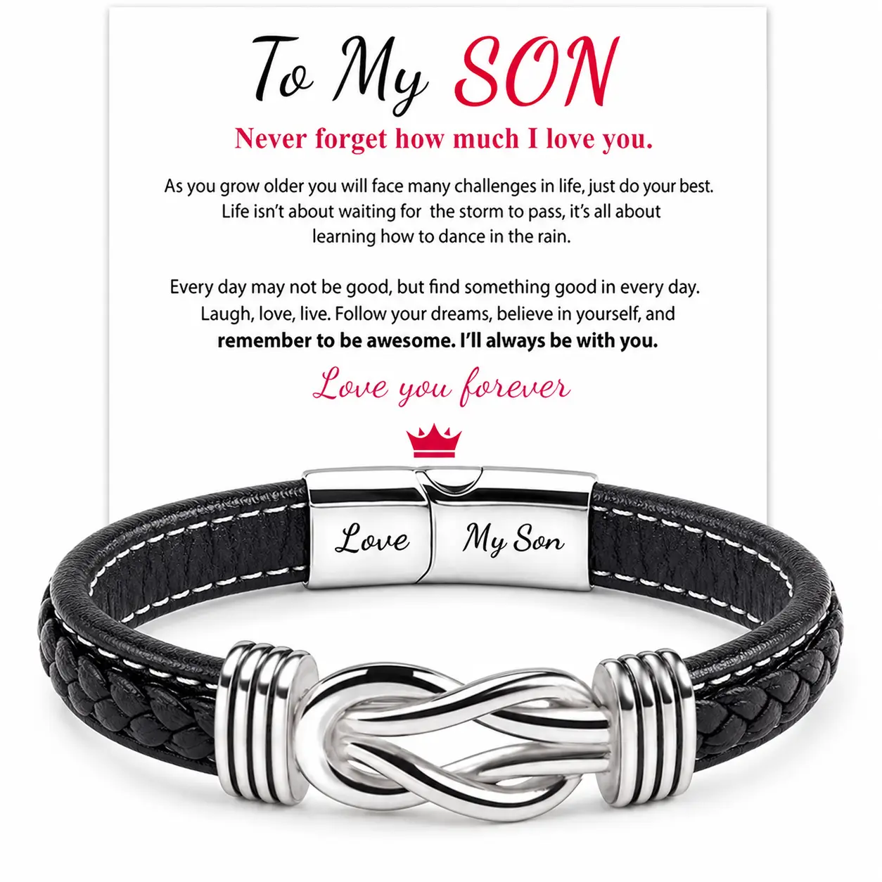 Men's Multi-Layer Braided Leather Infinity Cuff Bracelet, Black with Clasp, Inspirational Wristband, Christmas & Birthday Gifts for Son