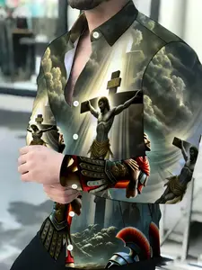 Men's breathable lapel long-sleeved cardigan Jesus Crucifixion pattern Print Menswear