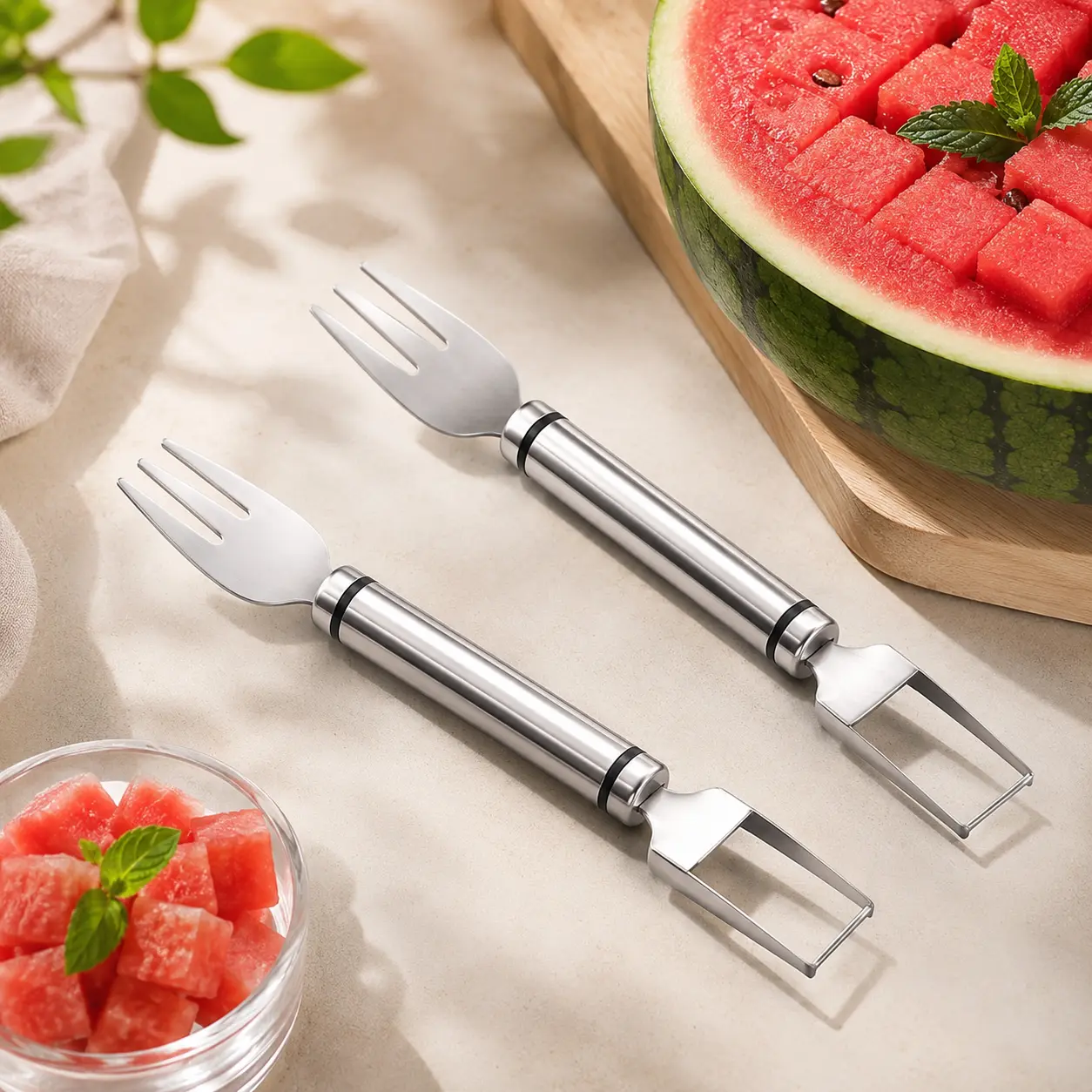 2-in-1 Watermelon Fork Slicer and Fruit Cutter - Dual Head Fruit Forks with Round Handle, Portable Kitchen Utensil, Must-Have Modern Essential for Quick & Easy Fruit Preparation