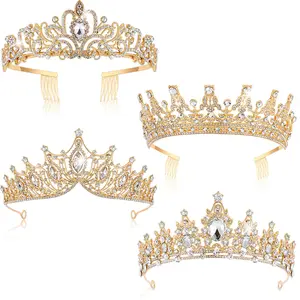 Women's 4-Piece Gold and Silver Plain & Glamorous Rhinestone Queen Crowns with Combs - Female Pageant Princess Tiara Headbands for Quinceanera, Wedding, Party Gifts (Fashion Hair Accessories)