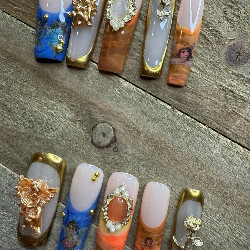 Medium Vintage Angel Rose Press On Nails Luxury 3D Gold Charm Set