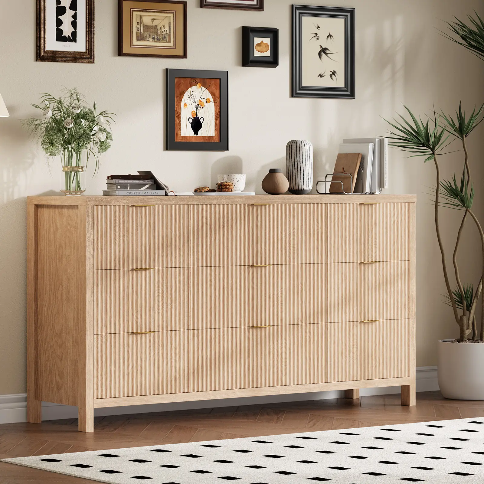 Oak 9-Drawer Farmhouse Slim Profile Wood Fluted Sideboard Cabinet - Space-Saving Rectangle Chest of Drawers, Easy Assembly Required Indoor Storage Organizer for Bedroom, Living Room, Easy Setup