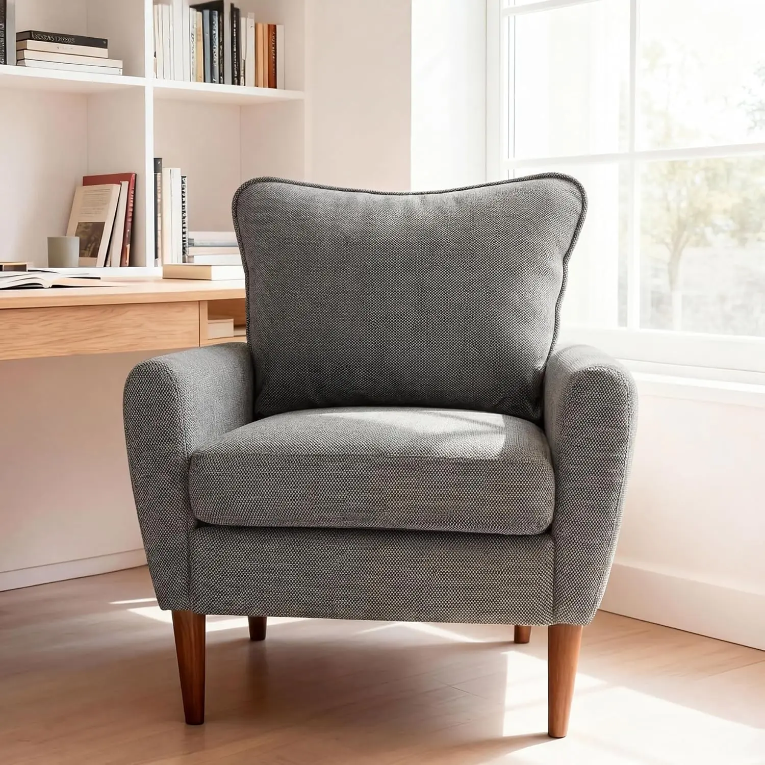 Mid Century Modern Accent Chair With Ergonomic Seat And High Density Foam, 380 LBS Capacity And Wood Legs, Premium Polyester Fabric Easy Clean, For Living Room Reading Nook