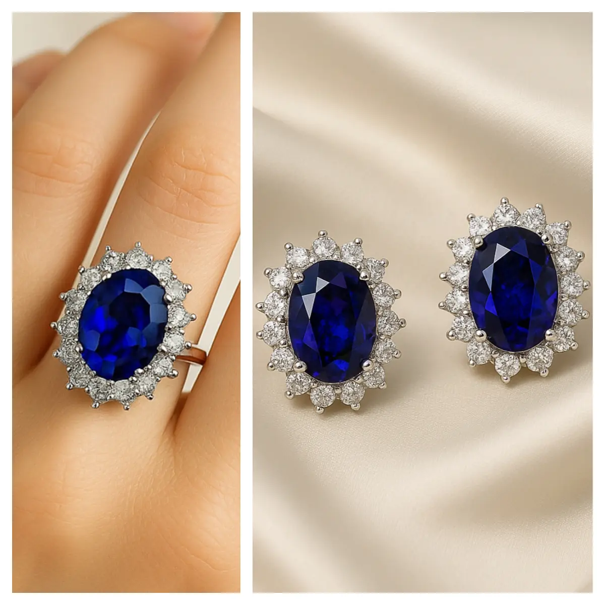 Royal Sapphire Ring & Earrings, Princess Diana Inspired Engagement Ring, 925 Sterling Silver, Blue Sapphire and Diamond Halo Ring