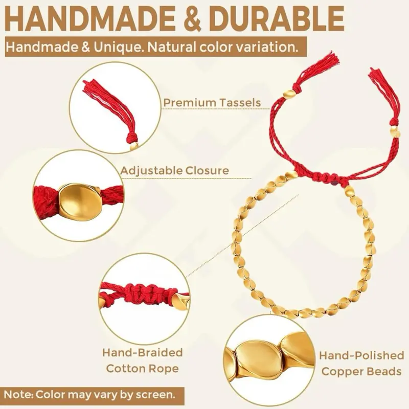 Tibetan Handmade Protection Bracelet - Red Copper Beads, Braided Cotton String, Adjustable, Polished, Includes Gift Box, Ideal for Gifting