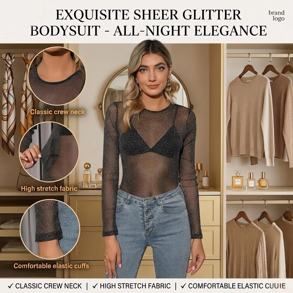 Women’s sheer mesh long-sleeve top — elegant turtleneck ruched blouse with rhinestones, Y2K aesthetic sparkly glitter crewneck for clubwear, festival party outfit, date night, trending TikTok fashion women