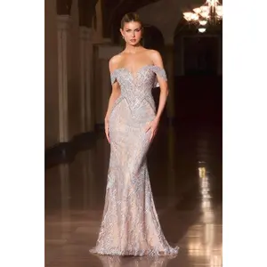 Cinderella Divine -CD693 Fitted Off-the-shoulder beaded Long Gown
