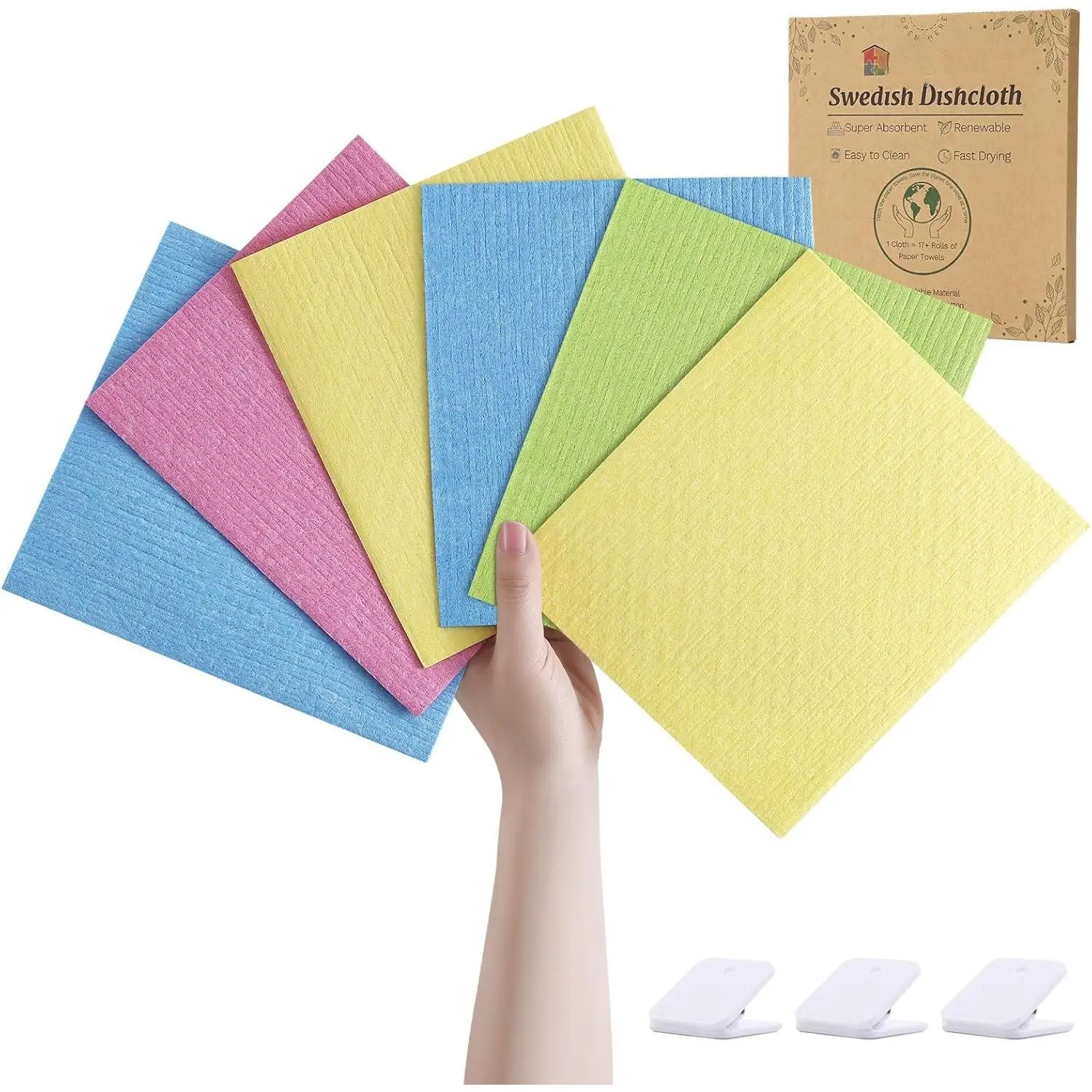 Swedish Dishcloths for Kitchen, 6 Pack  Paper Towels with Clips, Absorbent Cellulose Sponge Dish Cloths for Washing Dishes, Non-scratch & Odor-free Dish Rags, Multicolor Assorted