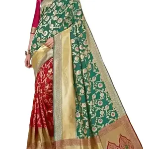 Indian Banarasi Silk Half N Half Floral Print Traditional Saree with Unstitched Blouse Piece Womenswear for Weeding Parties
