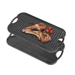 Commercial Chef Cast Iron Griddle, Reversible Grill Griddle with Dual Handles for Stove, Oven and Outdoors,Black,20.9” x 10.4” x 0.79”