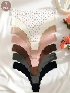 5/7 Pcs Women's Heart Cut Out Thong, Sexy Plain Pattern Fitted Underwear, All Seasons Wear, Ditsy Floral Design, Ladies' Lingerie, Floral Print Panty