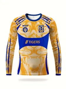 Men's National Team Football Jersey, Tiger Pattern Long Sleeve Uniform Soccer Shirt, Breathable Round Neck Sport Top, Casual Wear for All Seasons