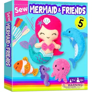 L-PLT017 Mermaid Sea Animals Beginner Sewing Kit for Kids Art & Craft kit, Includes 5 Soft Plush Dolls, Instructions & Felt Materials for Learn to Sew, Embroidery Skills, Gift for Girls Educational