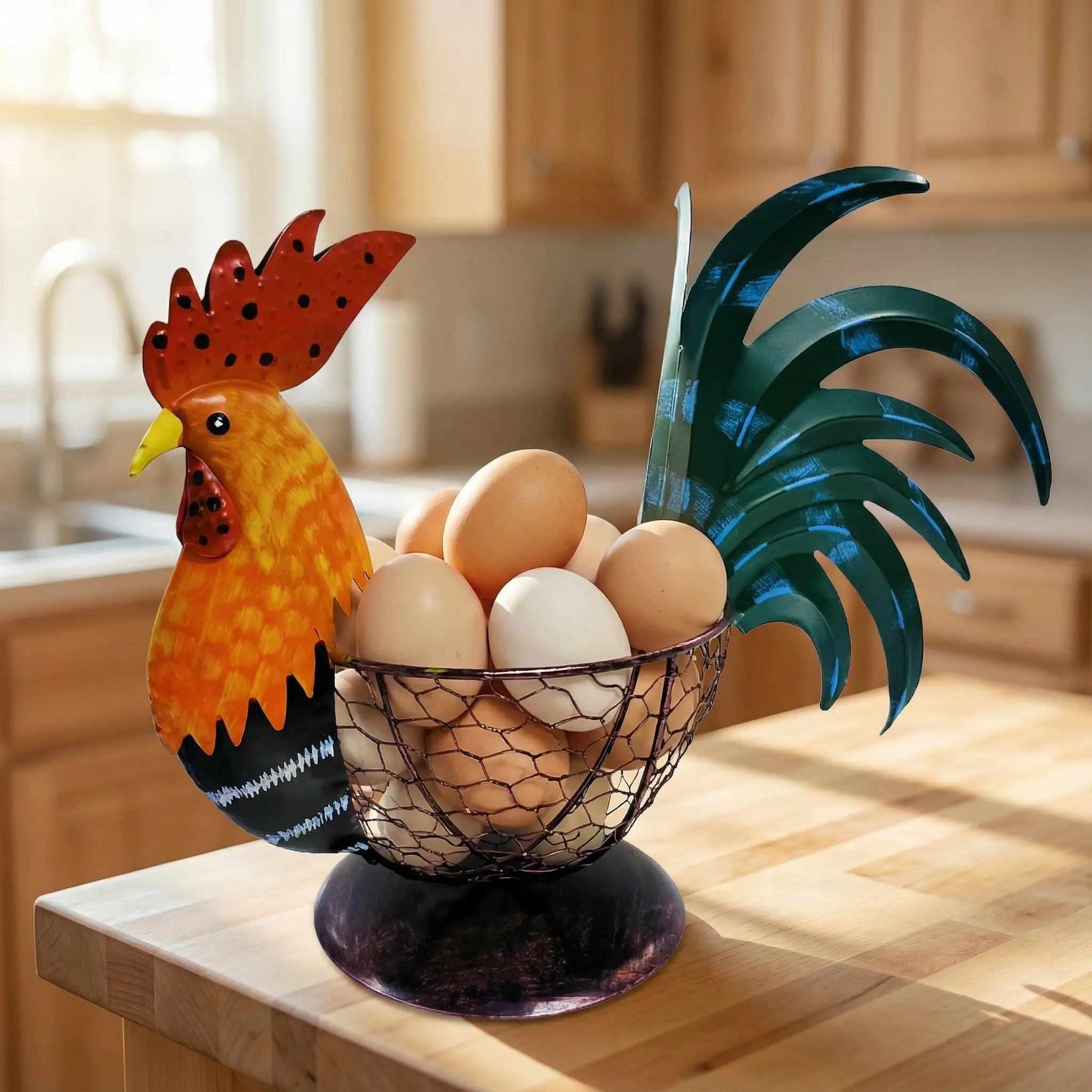 Farmhouse Rustic Multicolor Chicken Wire Metal Egg Basket, Vintage Rooster Ornament, Rustic Wire Baskets, Cute Decorative Fruit Basket for Kitchen Counter Storage Basket for Kitchen & Home