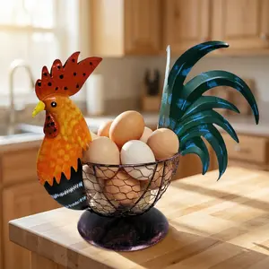 Farmhouse Rustic Multicolor Chicken Wire Metal Egg Basket, Vintage Rooster Ornament, Cute Decorative Fruit Basket Storage Basket for Kitchen & Home